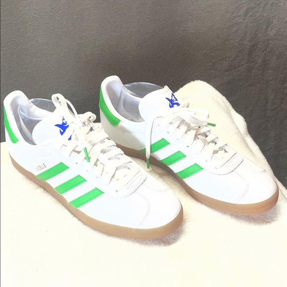 adidas Seattle Gazelle White Sneakers with Green Stripes and Gum Outsole